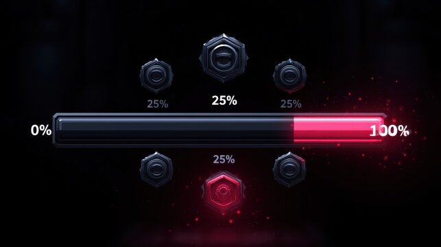 A futuristic progress bar with a red glowing 100% completion indicator and five hexagonal control knobs on a dark background.