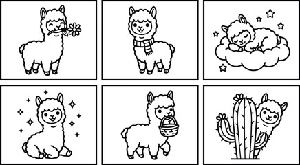 Naklejka premium Llama illustrations set with cute cartoon llamas in different poses for branding and kids decor
