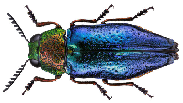 Iridescent metallic jewel beetle with segmented antennae and legs