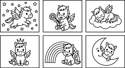 Obraz premium panel unicorn line art set with wings rainbow moon stars and clouds in outline style