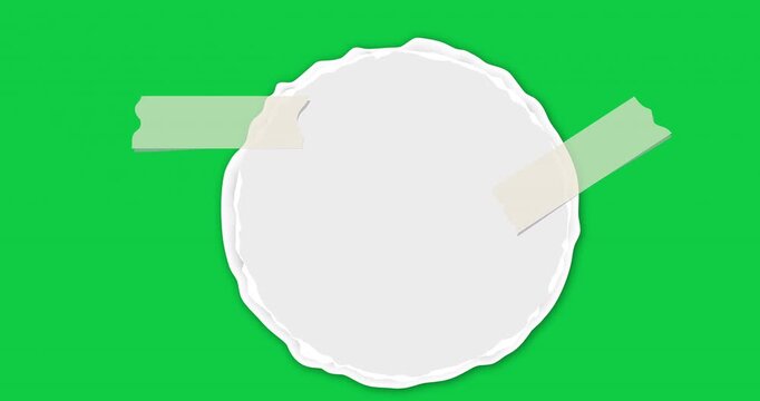 Round sheet of paper for notes. Rip piece with torn adges. Animated paper piece on green background. Blank mockup for text for presentation, advertising, website. 4K video graphic