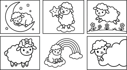 Fototapeta premium Vector sheep on moon with stars rainbow and flowers in line art style