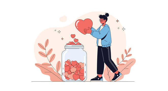 Kind woman collecting red hearts in a large glass jar to symbolize acts of charity, love, and emotional support.