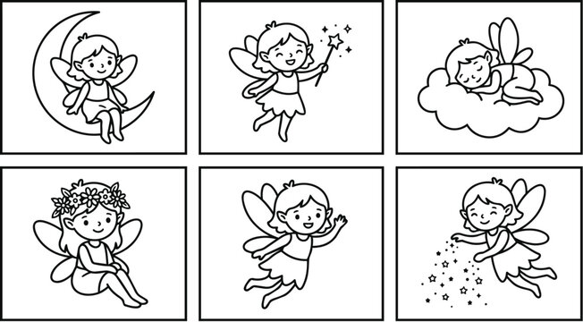 fairy illustrations in different poses across moons clouds and stars vector art