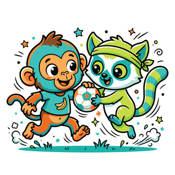 Playful monkey and lemur friends playing soccer football match