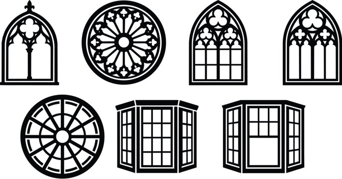 Gothic window vector set with arched tracery and round rose window elements