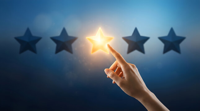 Closeup of a persons hand selecting a glowing golden star from a row of five stars, representing customer satisfaction and service quality