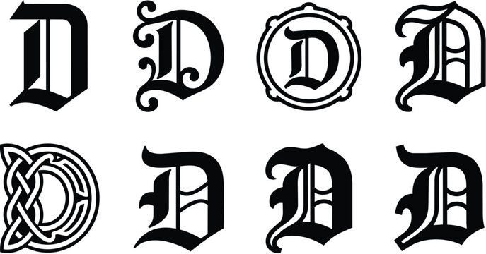 Ornate blackletter letter d glyph set for logo design and typography