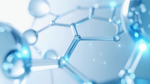 透明な美容成分分子がゆっくりと回転しながら青いエネルギーを放つ高級スキンケアイメージ。ヒアルロン酸やコラーゲン、セラミド、ペプチドなどの美容液成分が角層へ浸透する様子を連想させる未来的なビューティーサイエンスアニメーション。透明感あふれるガラス質感と発光エフェクトが美しい美容・化粧品広告向け背景動画素材。ジェネレーティブAI
