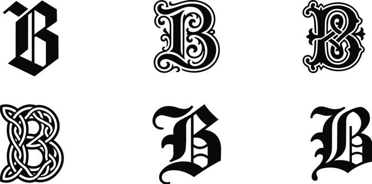 Ornate blackletter letter b glyph set with decorative swirls and ligatures for vintage logos and crest designs