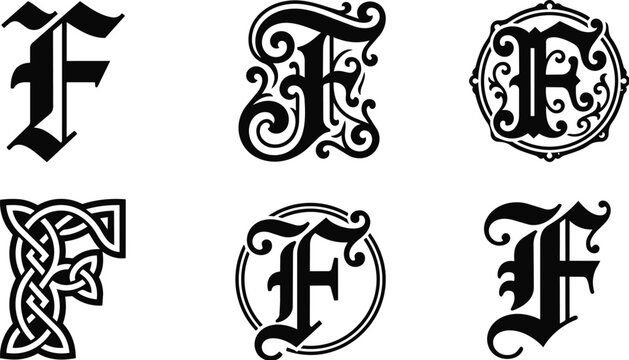 Ornate letter f monogram in black vector design for logos and branding with vintage flourish