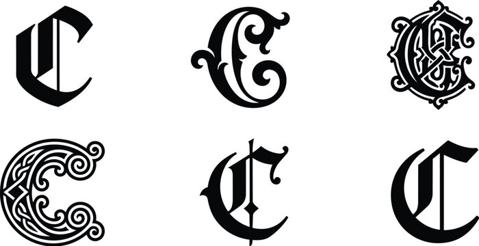 Ornate black and white monogram letters c and e vector set designs