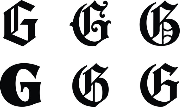 Ornate gothic letter g variants for vector design and typography monogram decoration blackletter