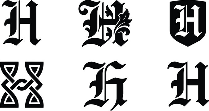 Gothic h monogram designs in blackletter vector with ornate ligatures and shield glyph