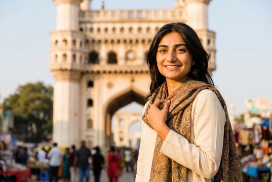 Indian woman standing and smiling in front of historic charminar monument