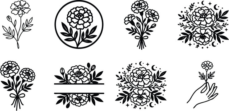 Bold floral bouquet line art set of botanical flowers in black vector for crafts and logos
