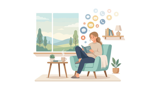 Young woman practicing digital detox by reading a book in a cozy armchair at home while ignoring social media notifications and digital distractions vector