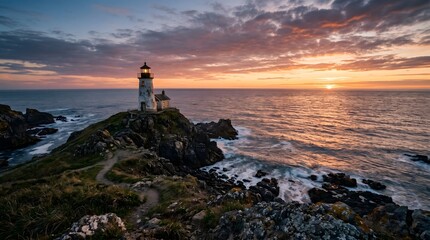 Fototapeta premium Lighthouse on Rocky Coastline at Sunrise with Dramatic Sky and Ocean Waves