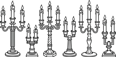 Naklejka premium Line art candelabras collection of tall candle holders illustration in black and white
