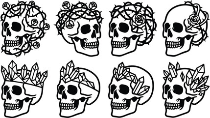 Fototapeta premium Skull crown motif line art set for tattoo design in black and white vector