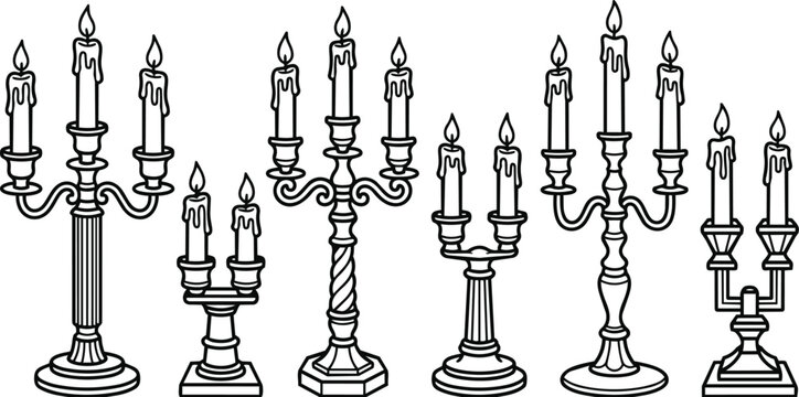 Line art candelabras collection of tall candle holders illustration in black and white