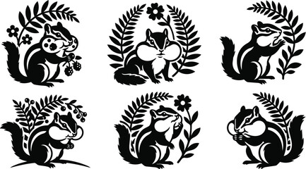Obraz premium Squirrel vector badge with foliage and flowers circular plant motif nature inspired studio clipart