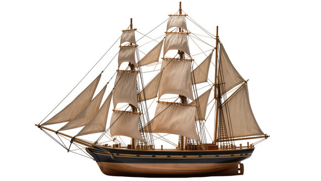Wooden sailing ship model with full sails and rigging