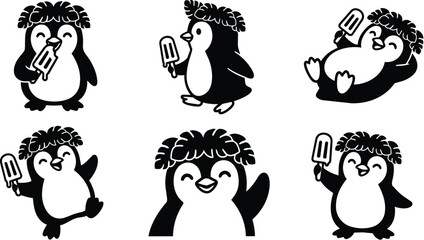 Obraz premium Penguin character holding ice cream popsicle in playful vector art set different poses