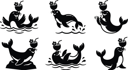 Obraz premium Vector art black silhouette seals with coconuts and waves in tropical style