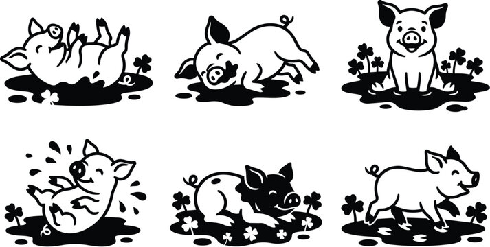 Set of playful pig illustrations in mud and puddles in bold black vector style