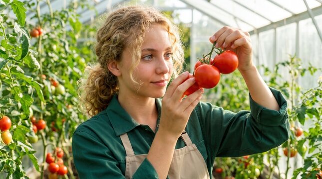 Young woman picking ripe red tomatoes from plants in a sunny greenhouse