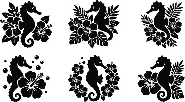 Vector art seahorse with hibiscus and leaves in black silhouette tropical floral design
