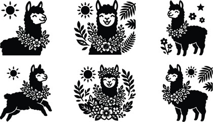 Naklejka premium black and white llama silhouettes with floral wreaths and sun motifs