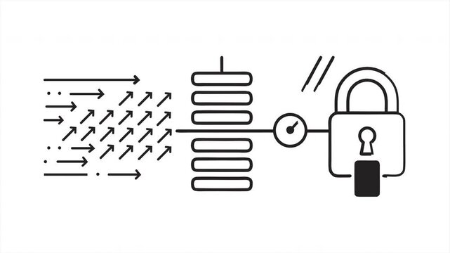Minimalist Line Drawing Animation of Cyber Security Network Traffic Filtering Rate Limiting and Data Protection Lock Process Infographic