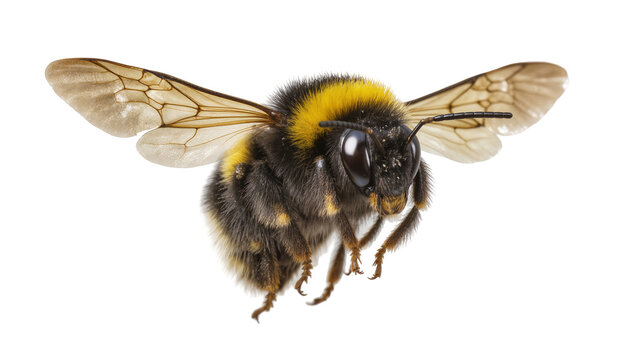 Bumblebee with yellow and black stripes flying with wings spread