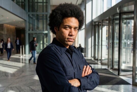Professional man with an afro hairstyle standing in a modern office lobby with arms crossed