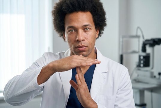 Doctor making a timeout gesture, signaling a need for a break or pause