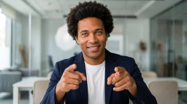 Smiling man with afro hairstyle pointing fingers at viewer in a corporate indoor setting