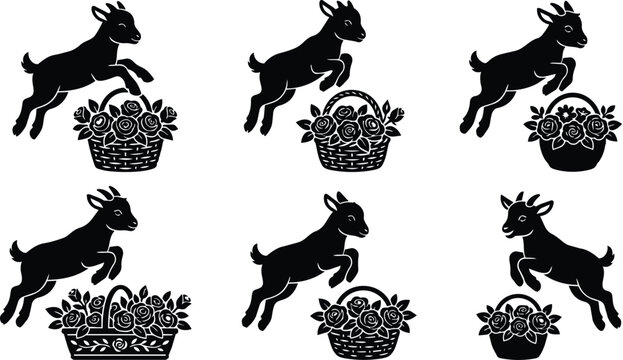 Goat jumping over a flower basket vector pattern for crafts and home decor