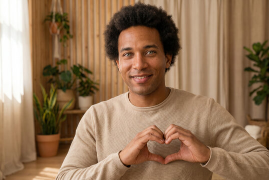 Young man forming a heart shape expressing love and care