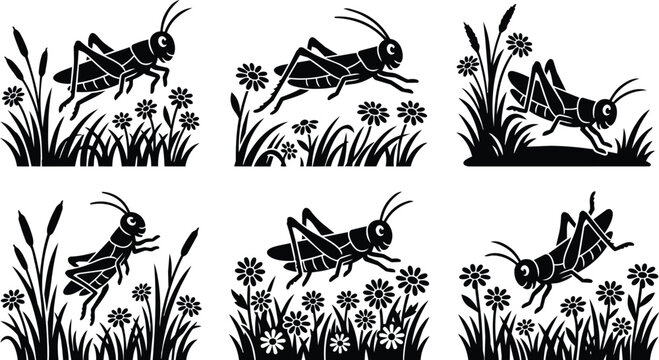 Cricket silhouettes in grass vector set of black and white designs