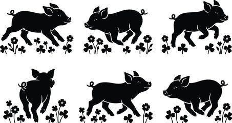 Obraz premium Vector art pigs in clover field silhouettes in a row on grass