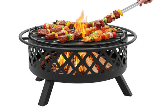 Grilling meat on a portable charcoal barbecue outdoors PNG isolated on transparent background