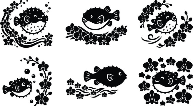 Smiling fish with hibiscus flowers pattern in black and white silhouette