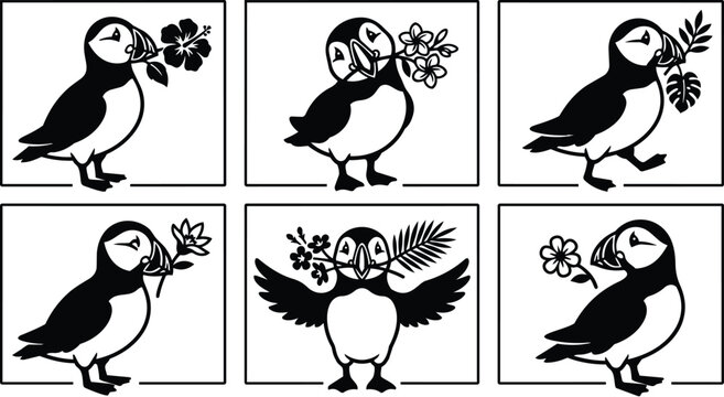 Puffin vector set in square frames with flowers and branches