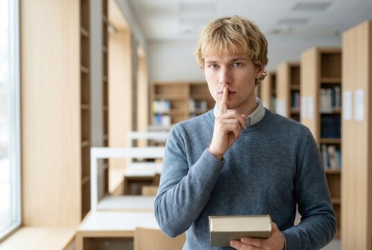 Student holding a book and asking for quiet in a bright, modern library setting