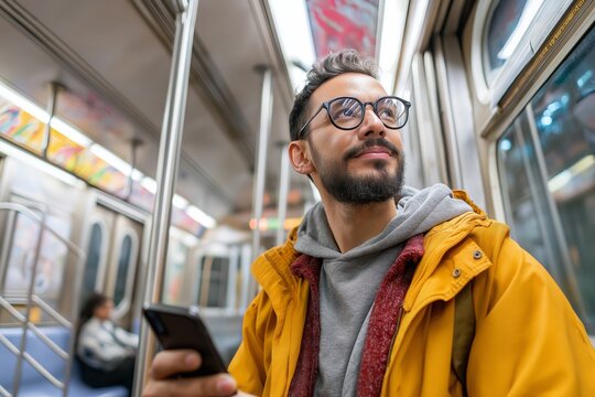 Autistic adult independently commuting on a subway using a visual schedule app on phone, confident self-reliance concept, urban documentary style