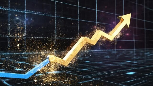 Rising golden arrow graph with sparkles on digital grid background symbolizing success and growth in business finance combined with blue arrow chart line showing progress and achievement