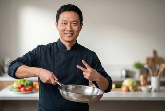 Male asian chef smiling, holding a cooking pan, and making a peace sign in a kitchen