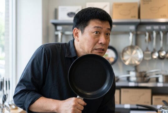 Adult man shopping for kitchenware, feeling surprised and hiding behind a pan